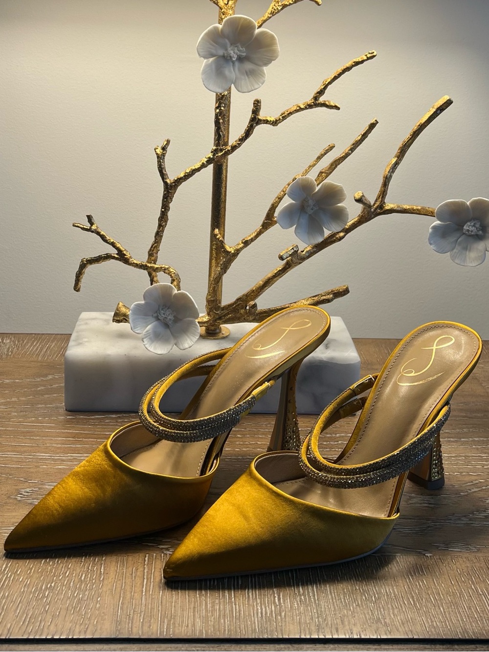 Sam Edelman Mustard Gold Satin Pointed-Toe Mules with Embellished Strap - Picture 2 of 9